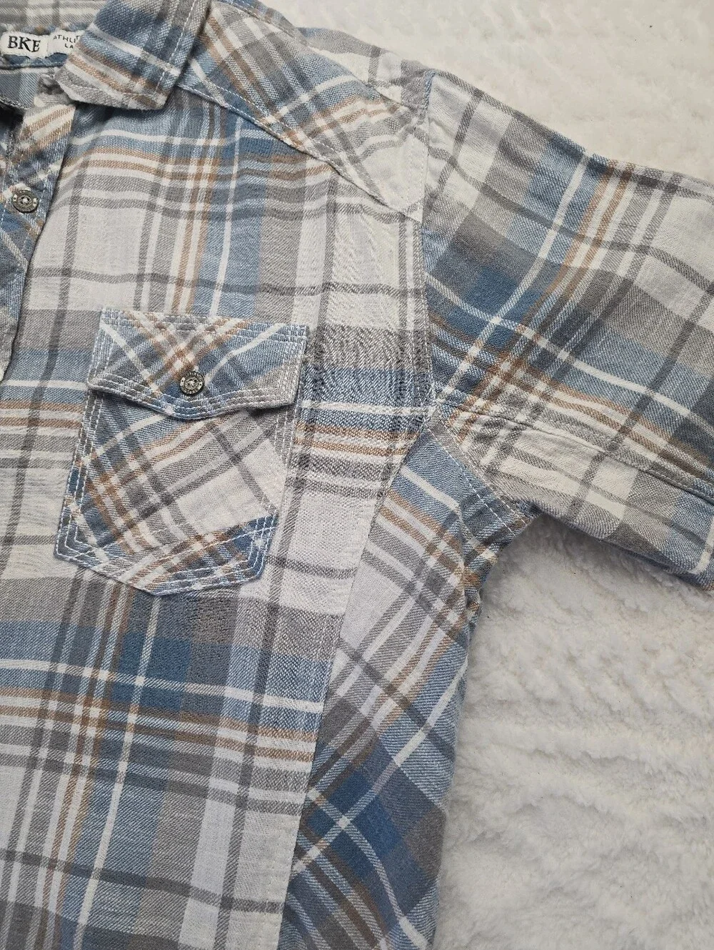 BKE Plaid Button-up Shirt Blue Gray Flannel Cotton Athletic Fit Western L